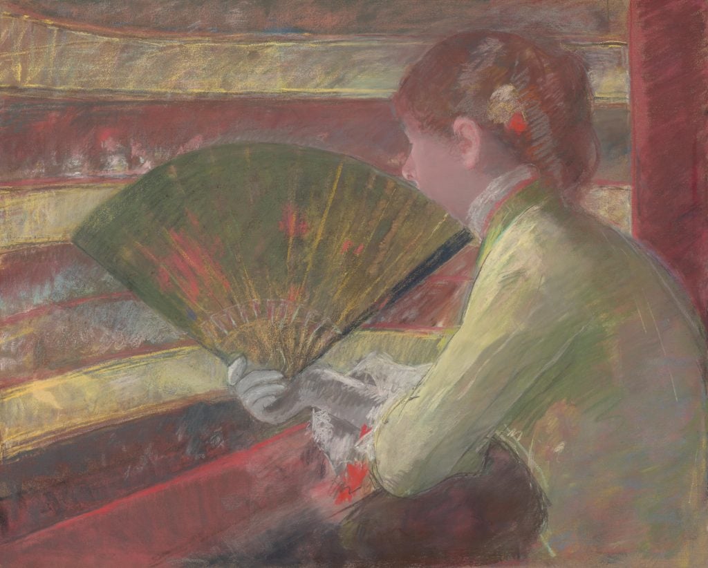 a pastel drawing of a woman in a theater box holding a fan