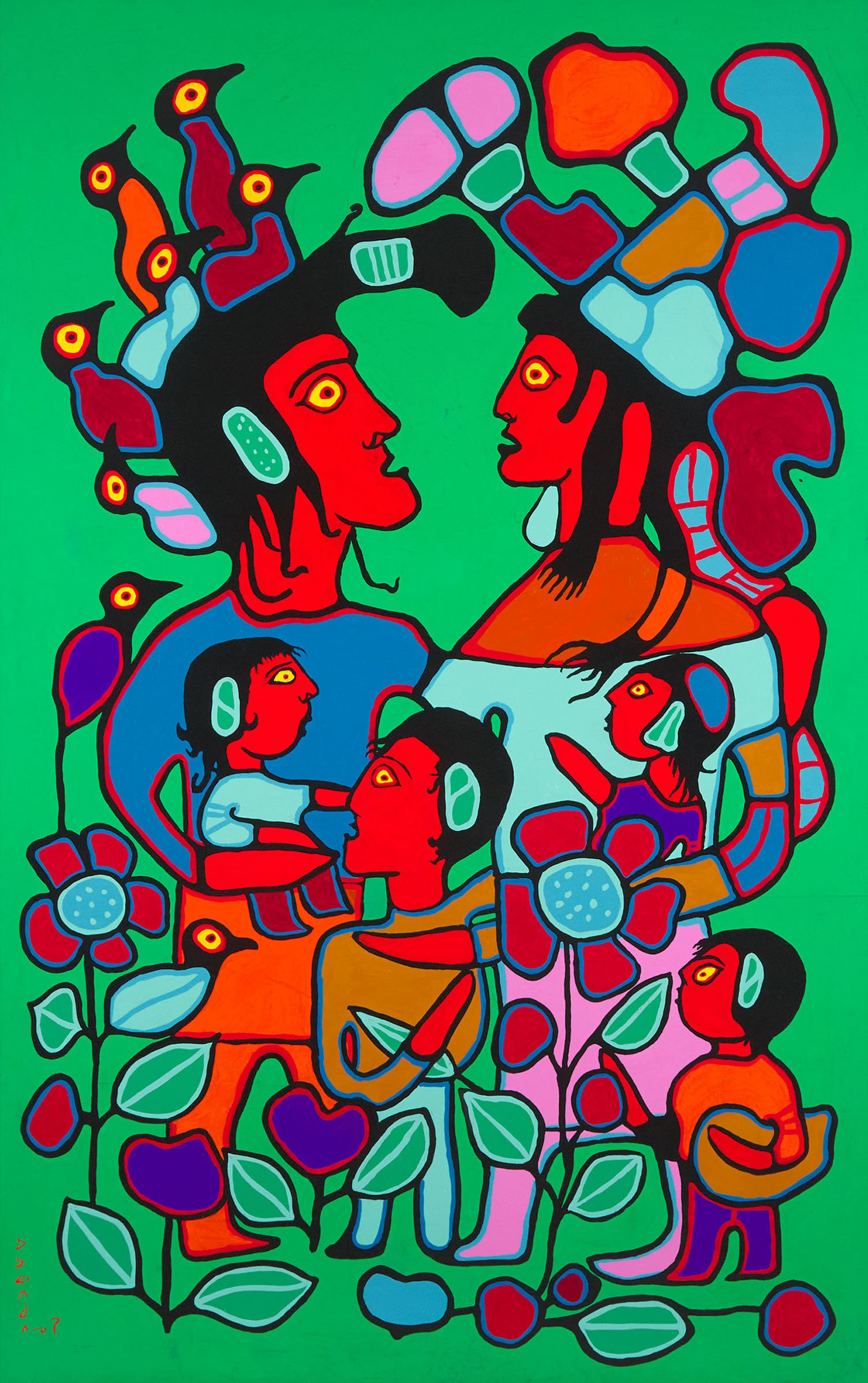 Contemporary first nations art by ojibwa artist, a teal background with stylized family figures.