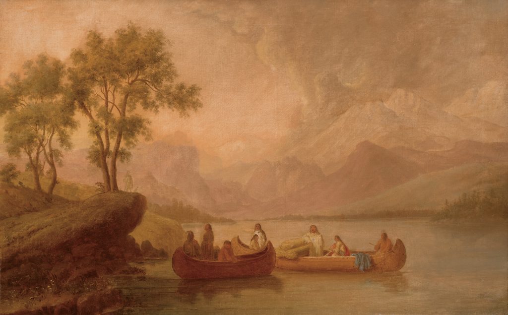 A 17th century landscape painting showing two groups of native americans in two canoes approaching the edge of a mountain lake, featured in Cowley Abbott sale.