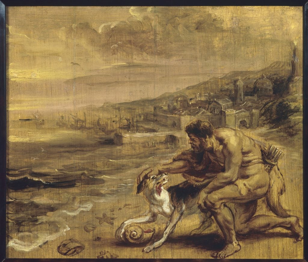 A painting of a beach with a man petting a dog, which has a sea shell at its front paw
