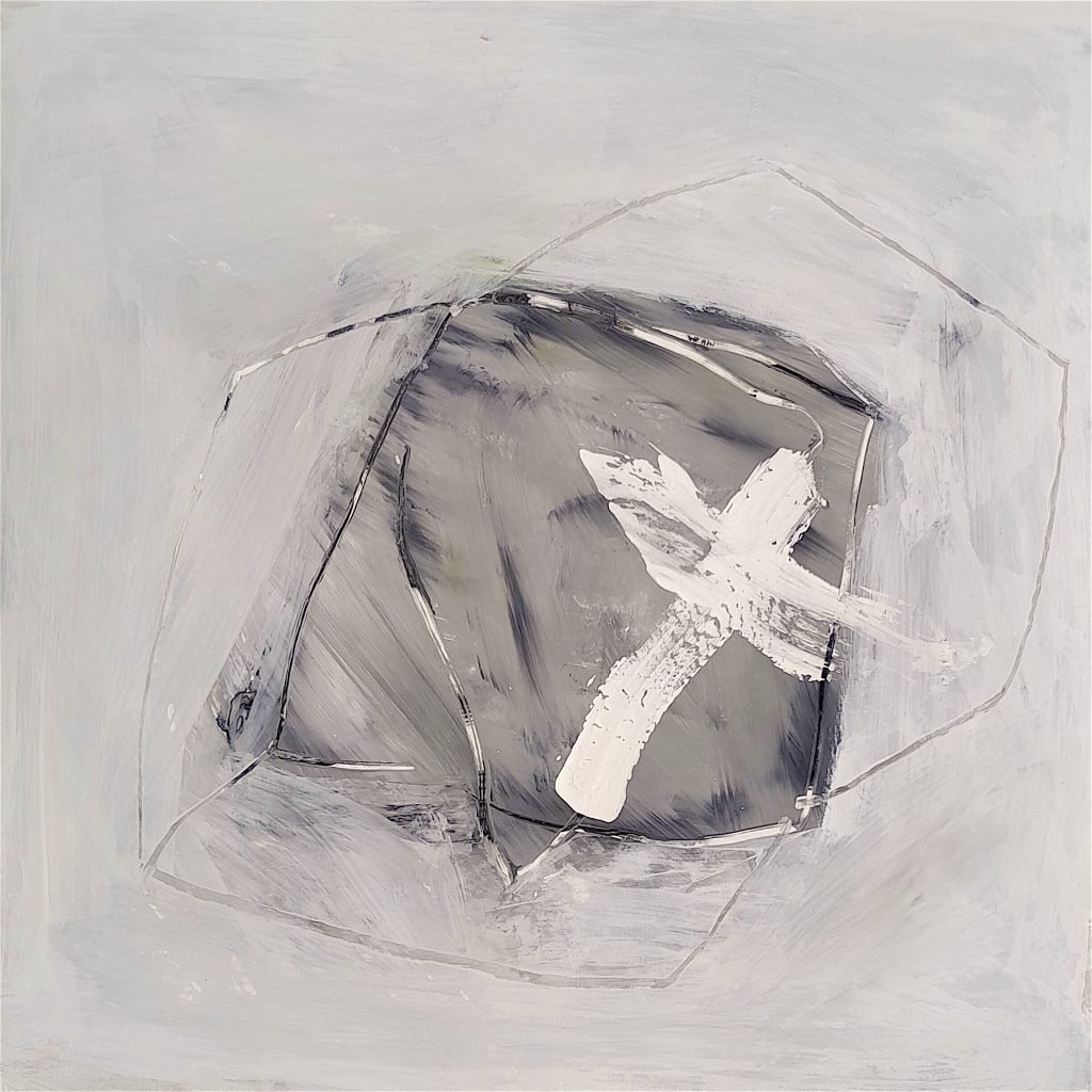 An acrylic abstract painting with swathes of off white, charcoal gray, and white gestural marks, included in Selfless Art Gallery's Pop-up exhibition in tribeca.