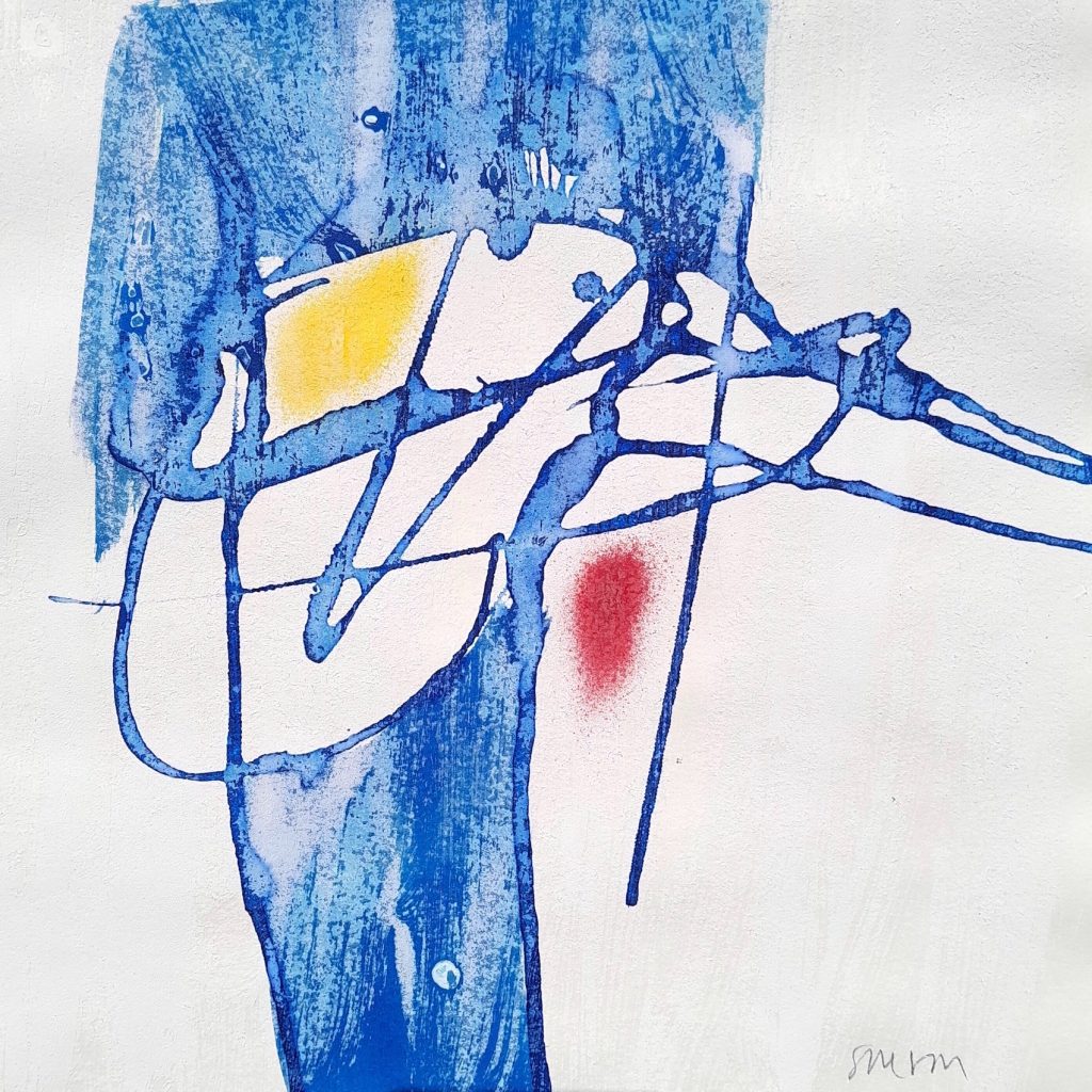 Abstract painting in gestural blue, with spots of yellow and red, featured in Selfless Art Gallery pop-up exhibition in tribeca.