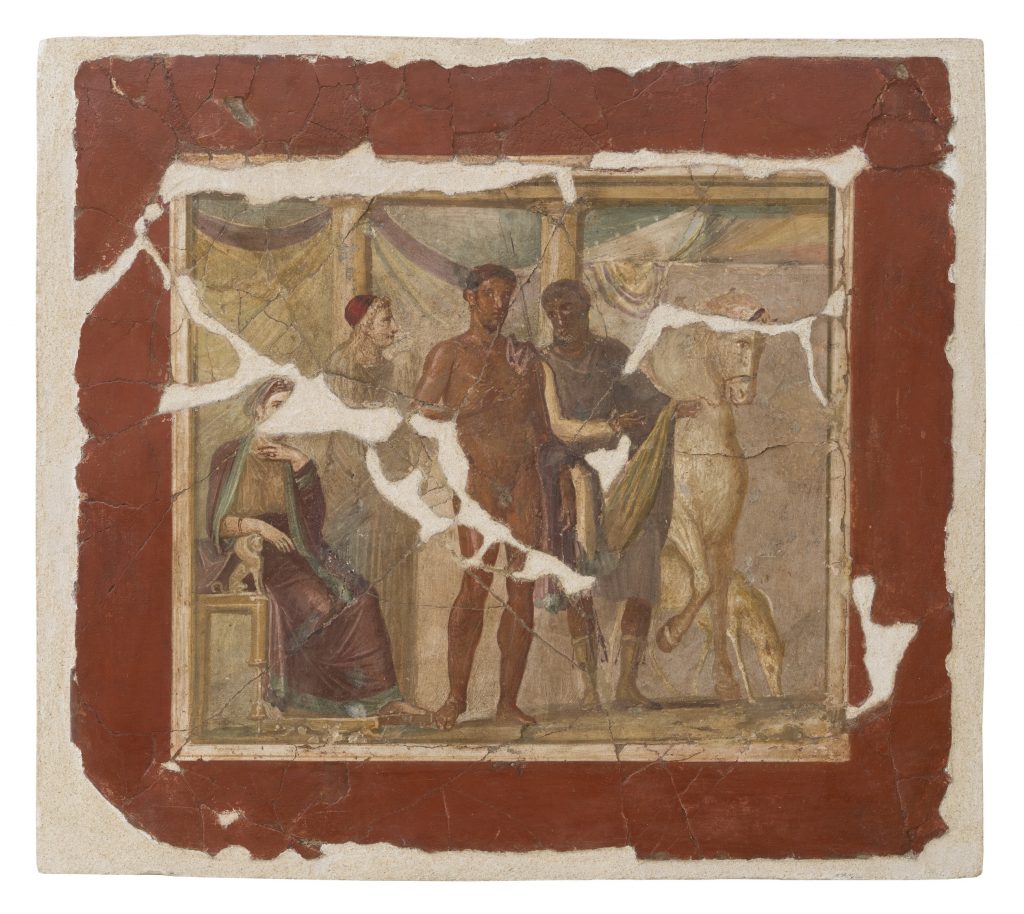 An ancient painting of four people in a classical architectural setting