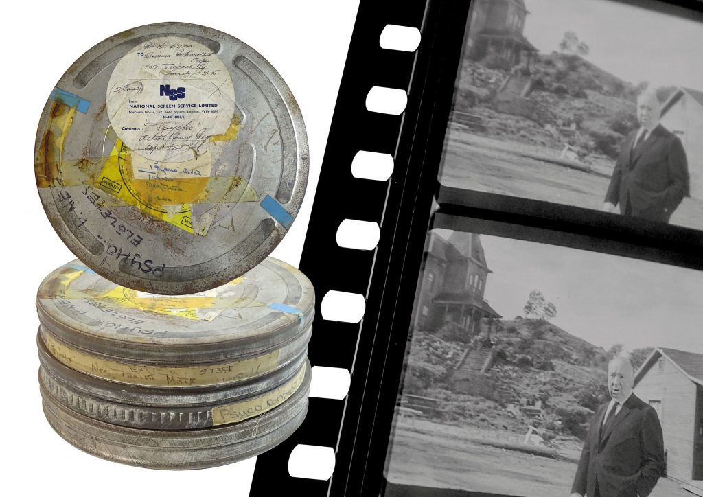 Film frames from the 1960 movie Psycho and canisters holding the films