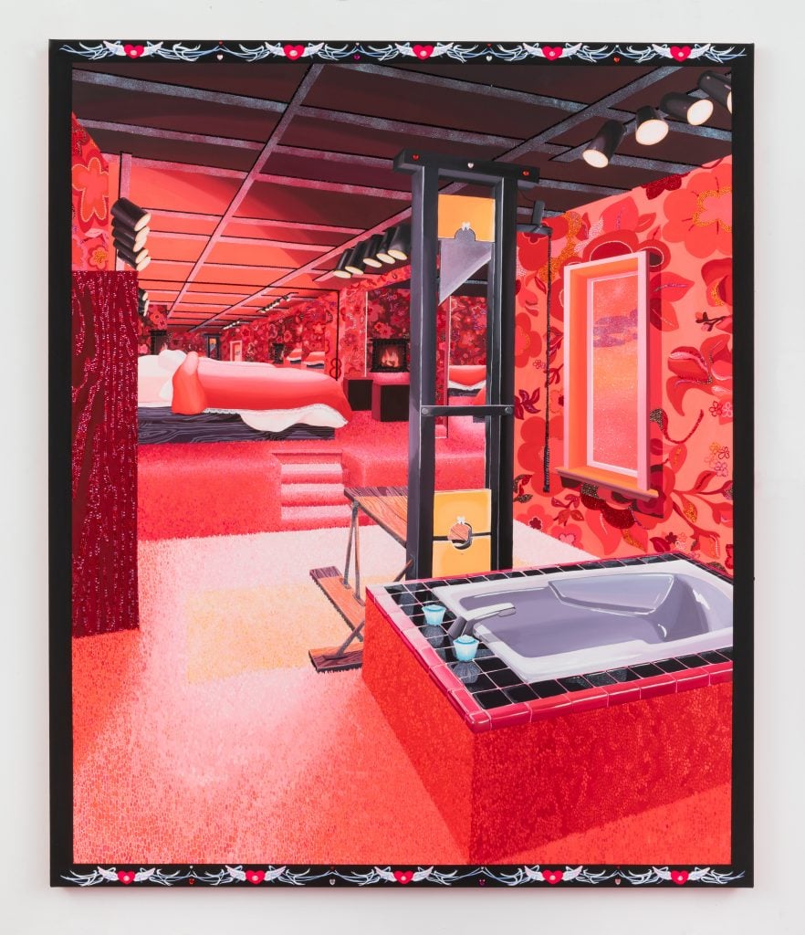 A painting by Rachael Tarravechia in shades of red depicting a bedroom with a tub installed in the foreground, and inserted next to the tup is a guillotine.