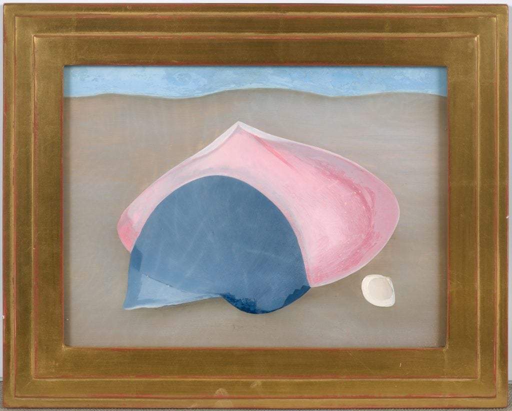 An abstract reverse oil on glass paintings of a pink and blue shell on sand, presented by Salon 94 at TEFAF New York.