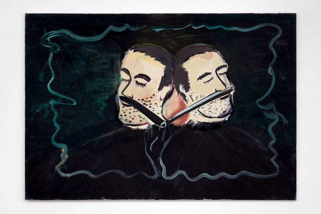 A surreal painting of two men with shaving razors held to their faces