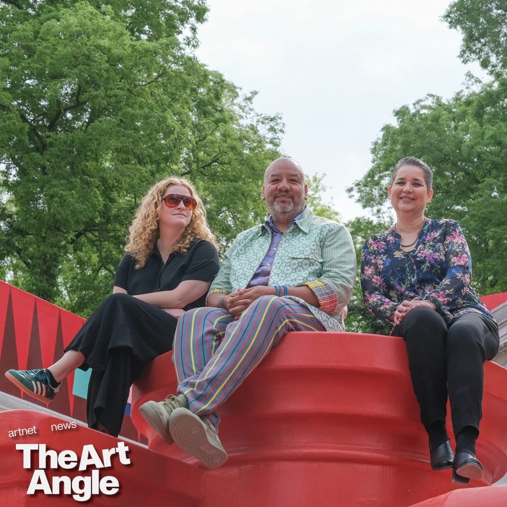 Abigail Winograd, Jeffrey Gibson, and Kathleen Ash-Milby at the entrance to the U.S. Pavilion at the Giardini during the 60th Biennale Art 2024 on April 16, 2024 in Venice, Italy. Photo: Stefano Mazzola/Getty Images.