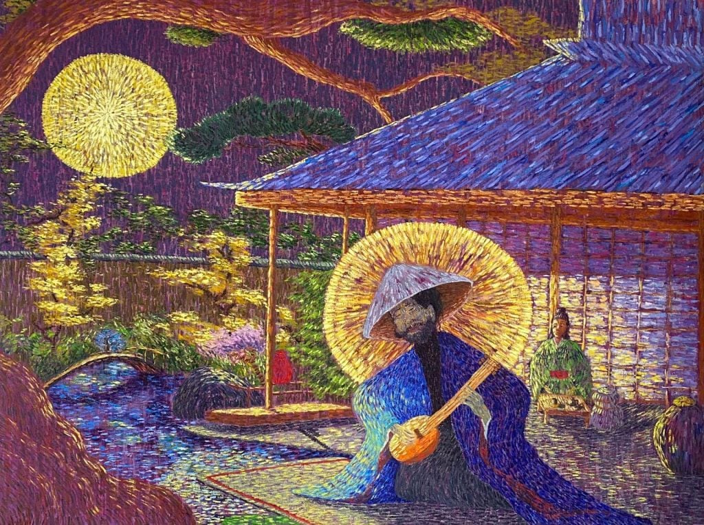 Impressionistic paintings by artist Touils of a man playing a stringed instrument in front of a traditional Japanese structure with the moon in the background.