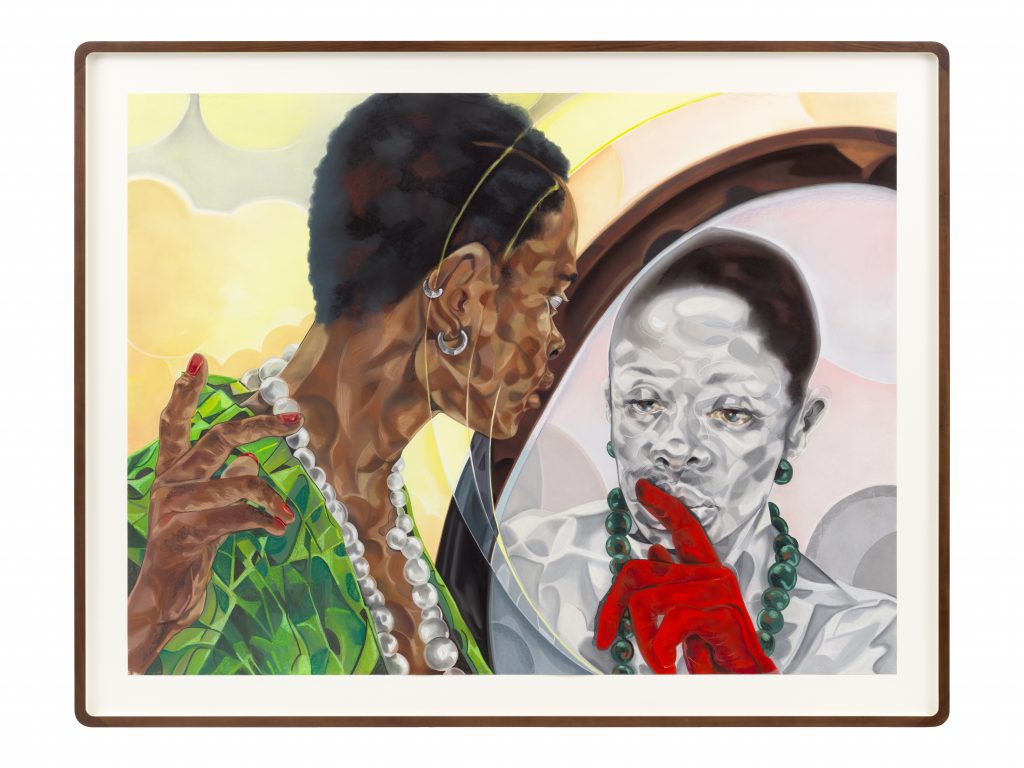 painting by artist toyin ojih odutoka of a woman looking at her reflection in a mirror