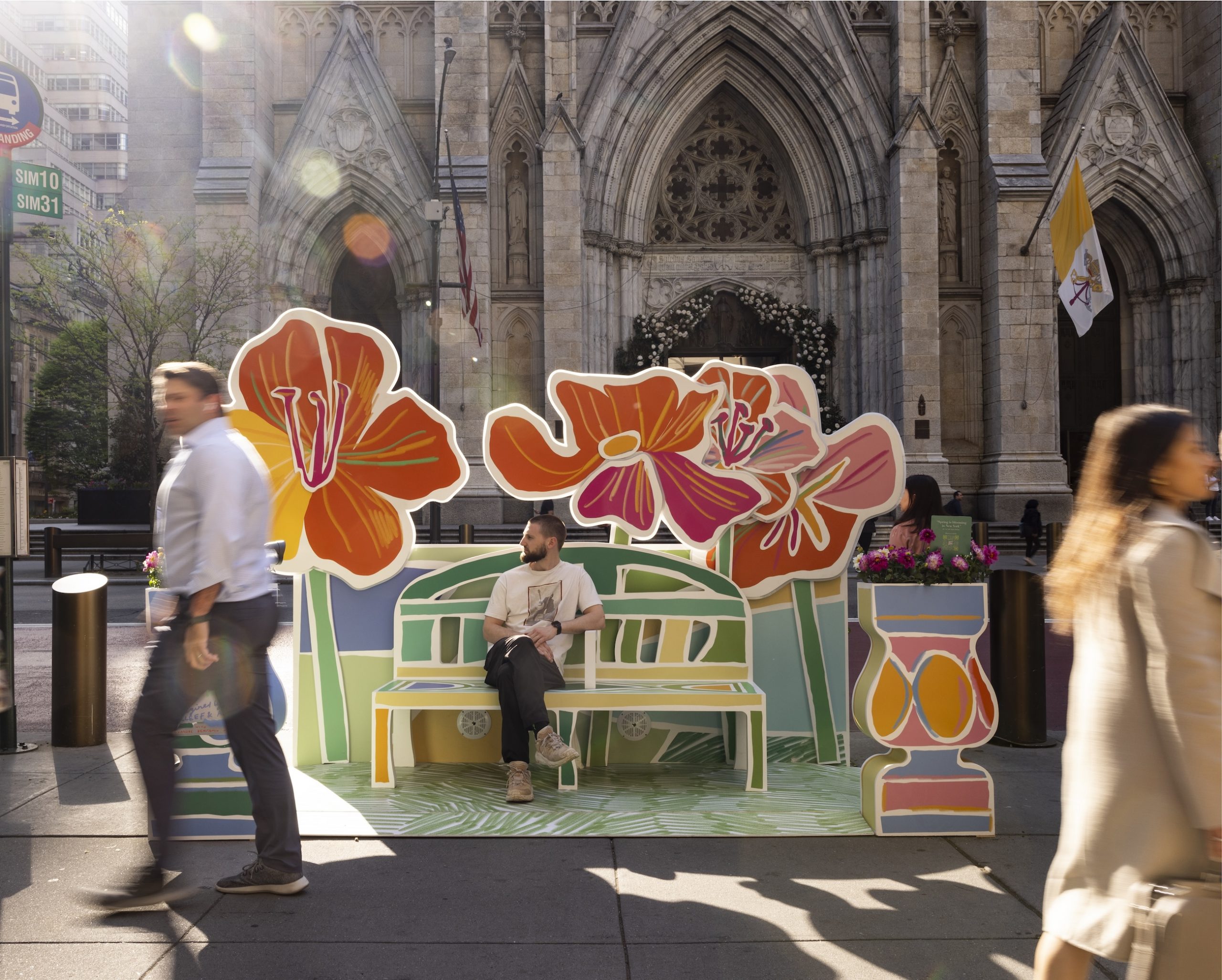 A sculpture of flowers in front of St. Patrick's Cathedral in New York.