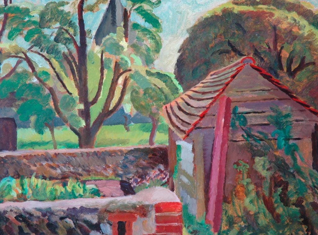 painting of a garden with a the view of a house and trees