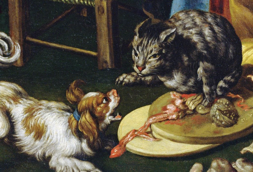 A painting of a dog and cat fighting over some food