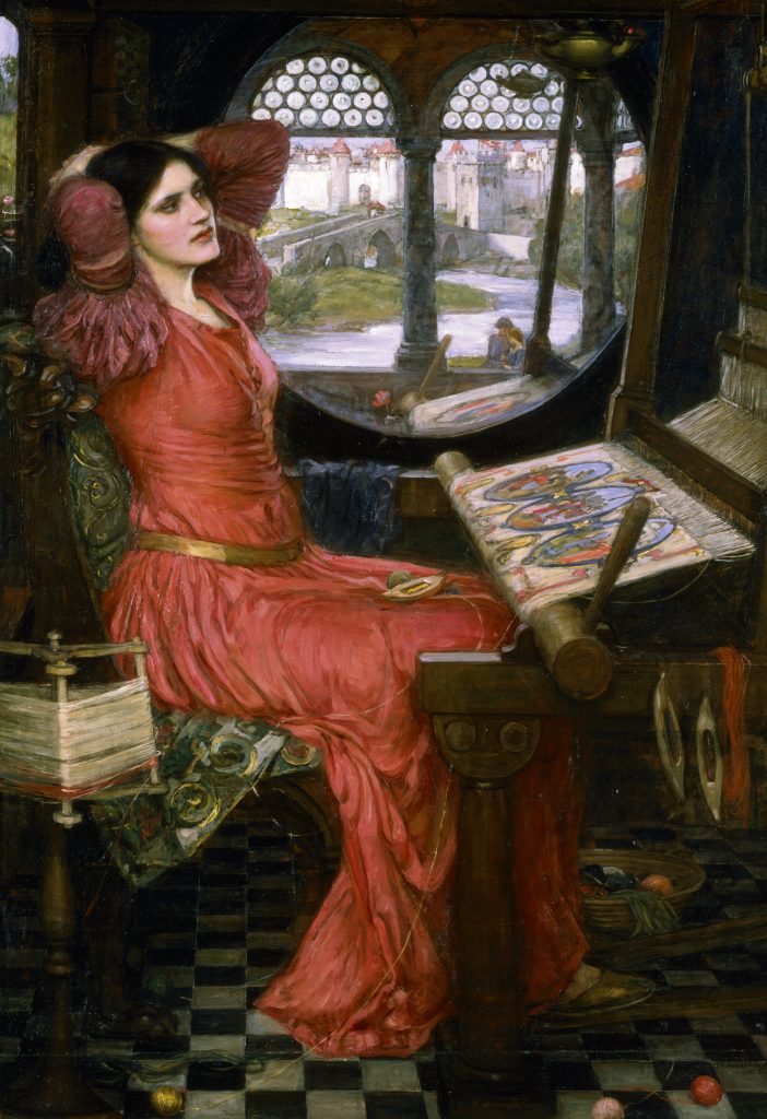 Painting of a woman in a red gown sitting at a loom and beside a mirror reflecting the outside. She appears bored, with her hands reaching to the back of her head.