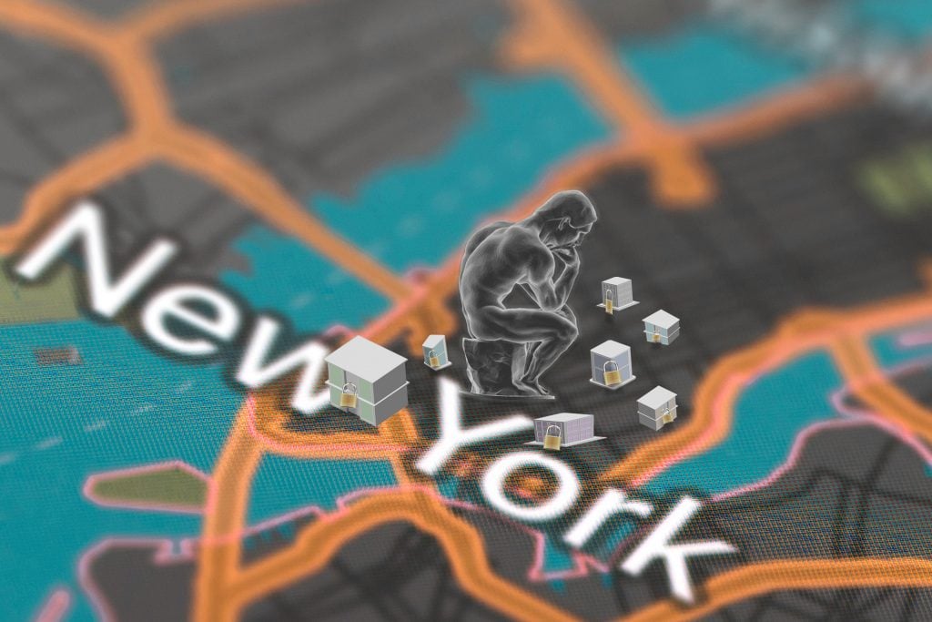 nyc map with 3d houses and a statue