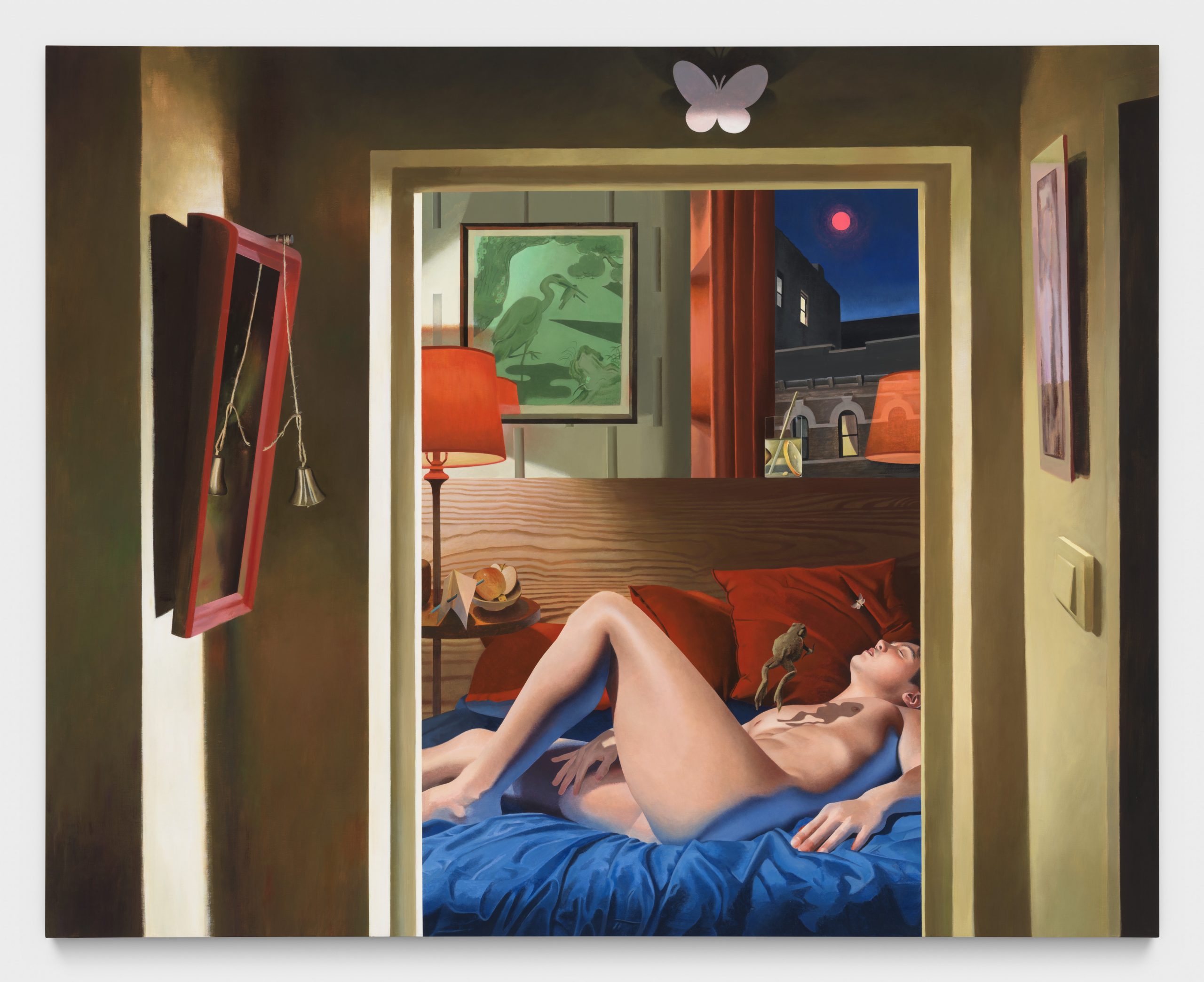 a nude man recline in his bed, he is viewed through a doorway, a frog leaps onto his chest, the night sky is visible behind him