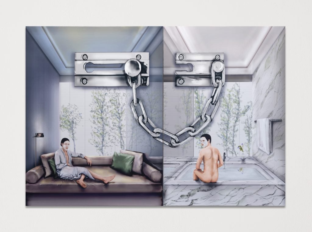 a diptych showing two people in a glossy interior, one wearing a facemask and one in a bath