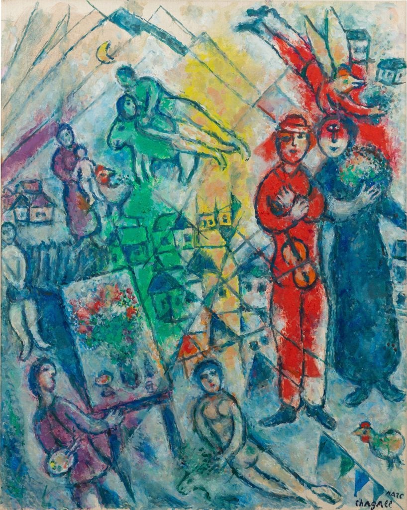 A colorful painting by Marc Chagall titled "Le peintre et sa vision des couples en rouge, bleu et vert," created in 1981. The artwork features vibrant, overlapping figures and scenes, including a couple in red, a painter with an easel, and other whimsical characters, all rendered in Chagall's distinctive, dreamlike style.