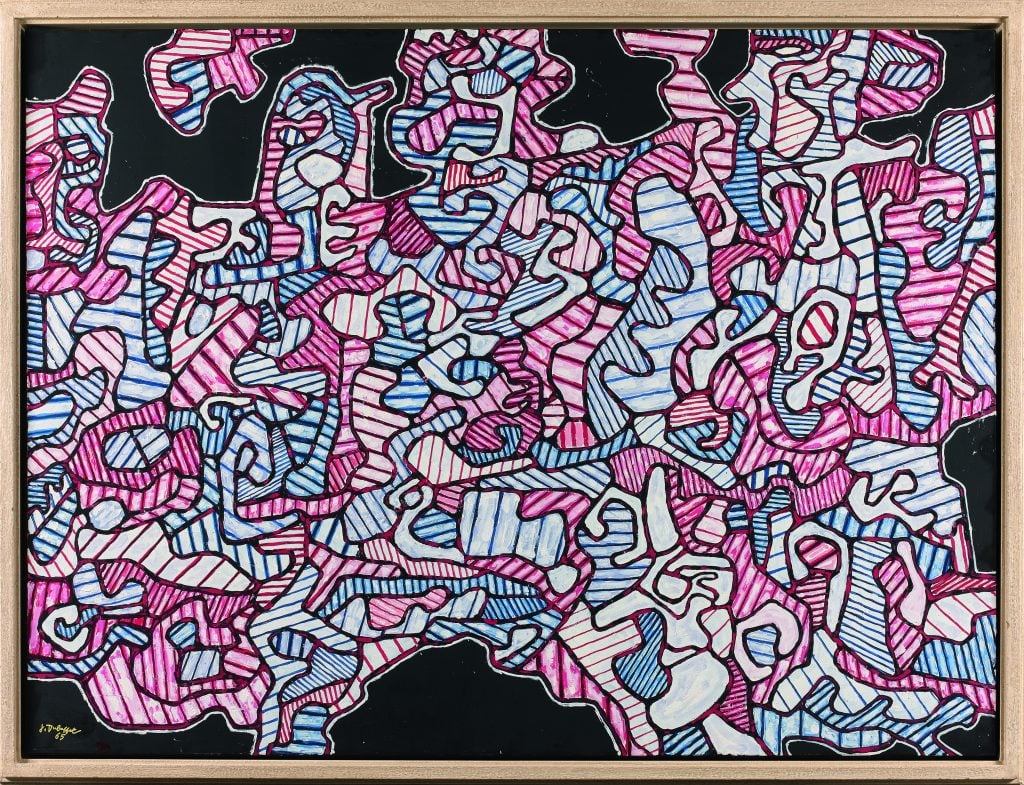 An abstract painting by Jean Dubuffet titled "Passe cortege (La Procession)," created in 1965. The artwork features a complex, interwoven pattern of red, blue, and white organic shapes and lines against a black background, characteristic of Dubuffet's style that emphasizes texture and raw, unrefined aesthetics.