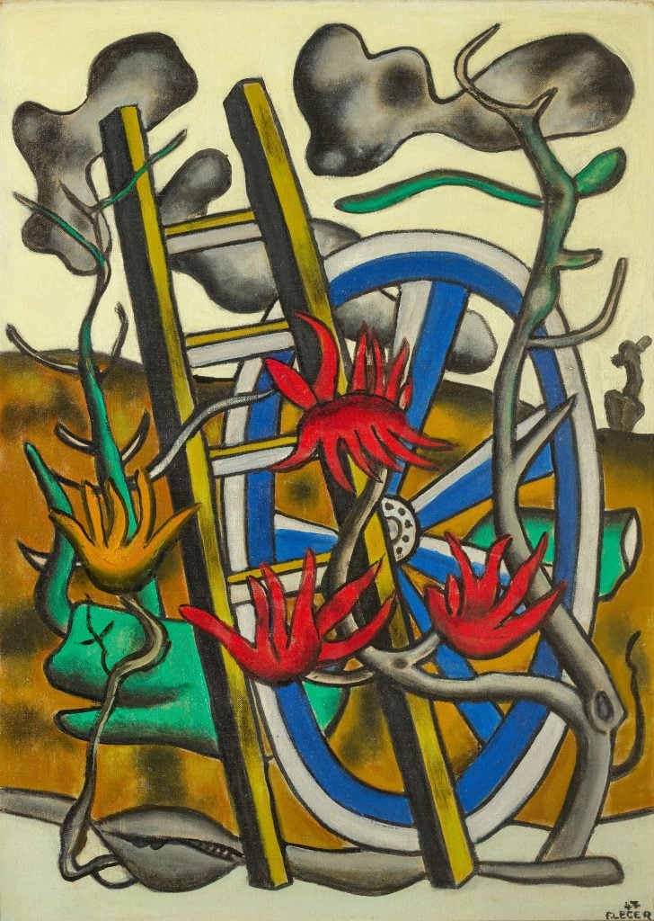 A painting by Fernand Léger titled "La Roue de l'échelle," created in 1947. The artwork features a composition of abstract elements including a blue wheel, red and yellow flowers, and ladder-like structures, all rendered in Léger's distinctive bold lines and vibrant colors against a background of organic shapes and earthy tones.