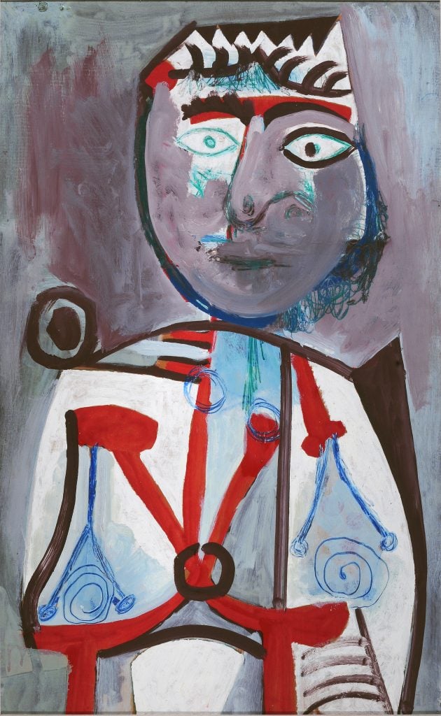 An abstract portrait by Pablo Picasso titled "Personnage (Homme)," created in 1970. The artwork features a stylized, expressive depiction of a human figure with exaggerated facial features and a mix of bold, vibrant colors against a muted background, typical of Picasso's later period.