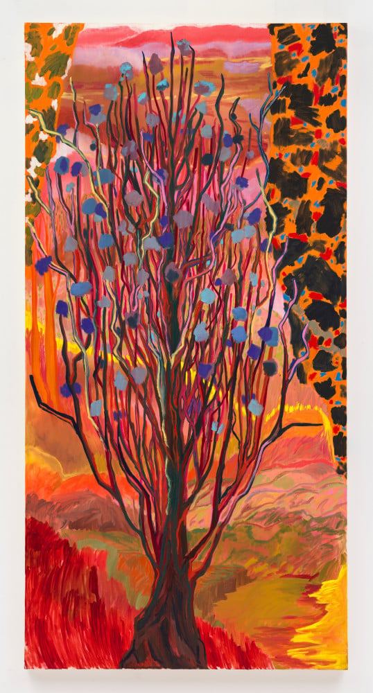 an abstract painting of a colorful tree agianst an orange background