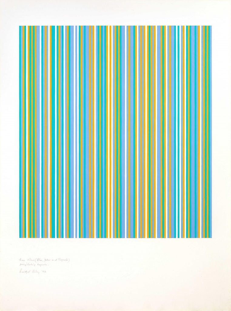 a series of wavy, vertical stripes in blue, yellow, turquoise, and magenta