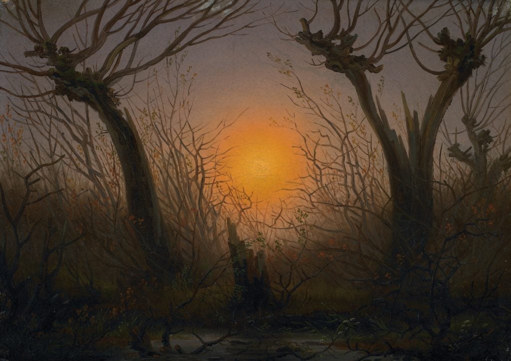Painting of trees silhouetted by a low lying sunset