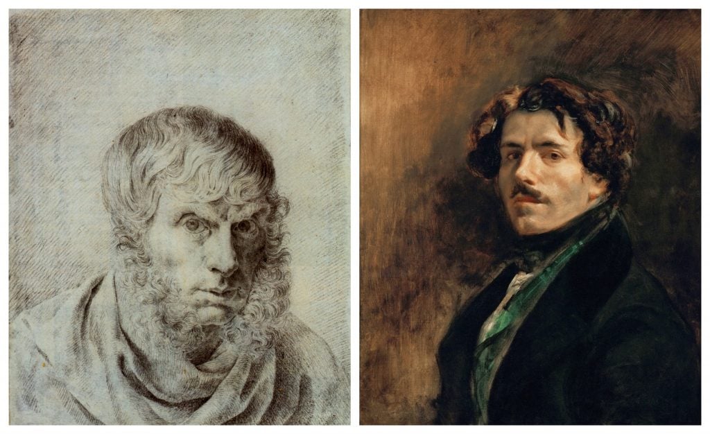 two images, one on the left is a drawing of a man with a beard who is scowling, on the right is a painting of a brunette man in dark colours and a painterly style