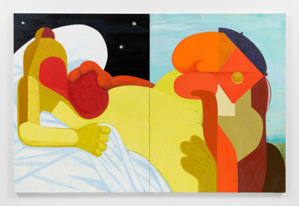 Nicole Eisenman <i>The Artist at Work</i> 2023. Oil on canvas, diptych. 148 x 223.5 x 3.2 cm / 58 1/4 x 88 x 1 1/4 inches. (overall). 148 x 111.75 x 3.2 cm / 58 1/4 x 44 x 1 1/4 inches (each panel) © Nicole Eisenman. Courtesy the artist and Hauser & Wirth.