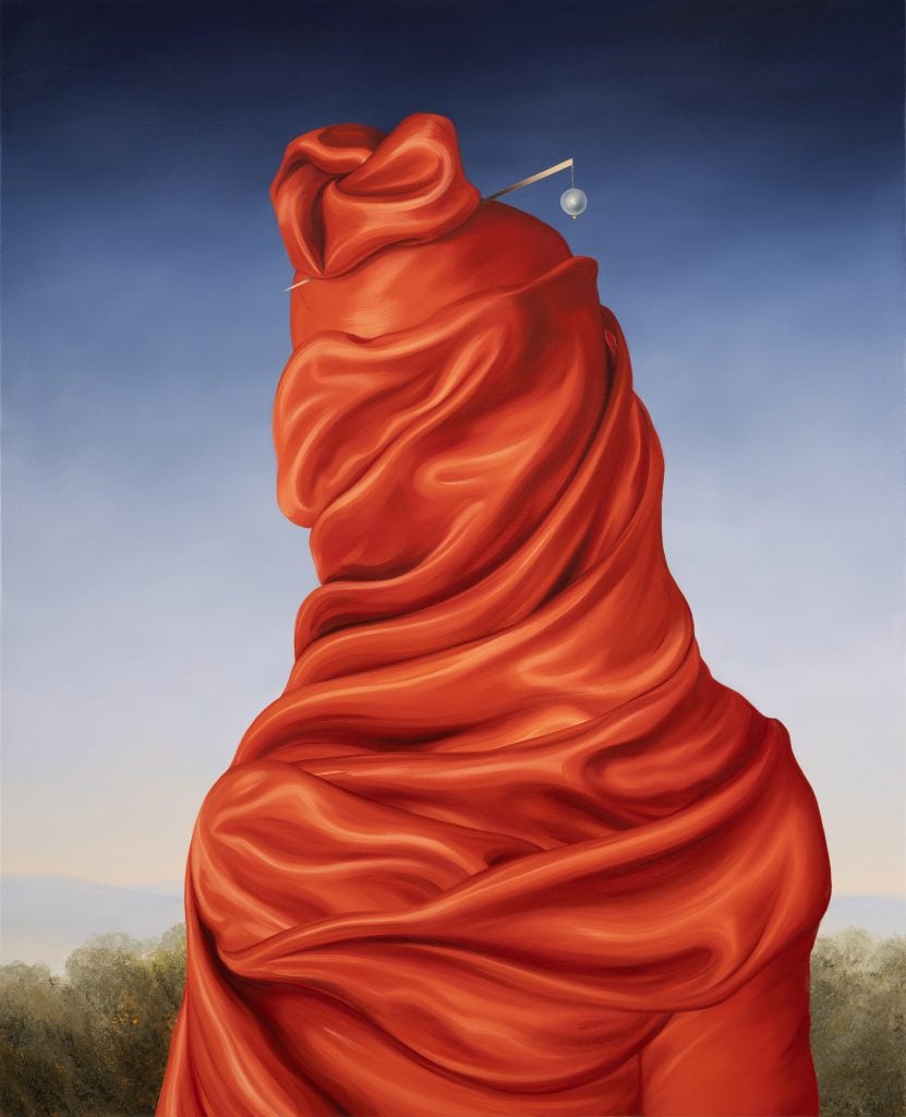a portrait style painting although the figure is shrouded in red fabric and the identity cannot be seen