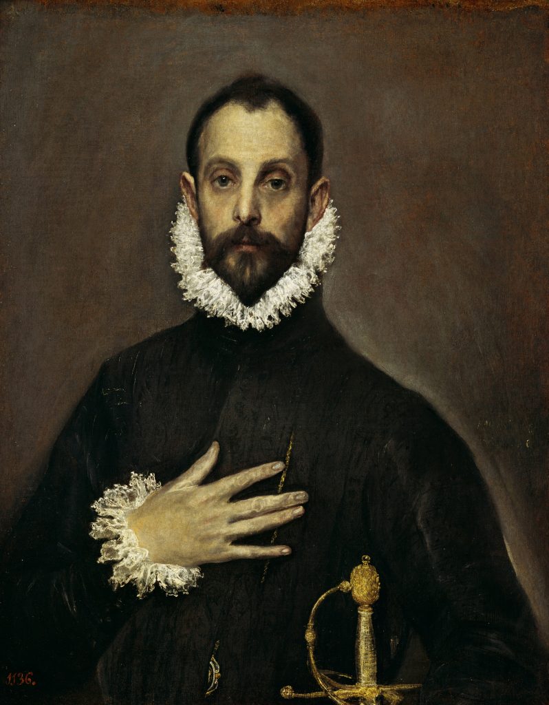 an oil painting of a man in a black outfit with his hand resting on his chest