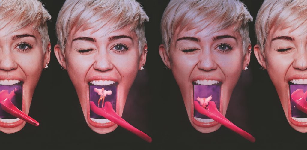 images showing Miley Cyrus appearing at the top of a tongue shaped slide that is protruding out of a huge image of her face winking