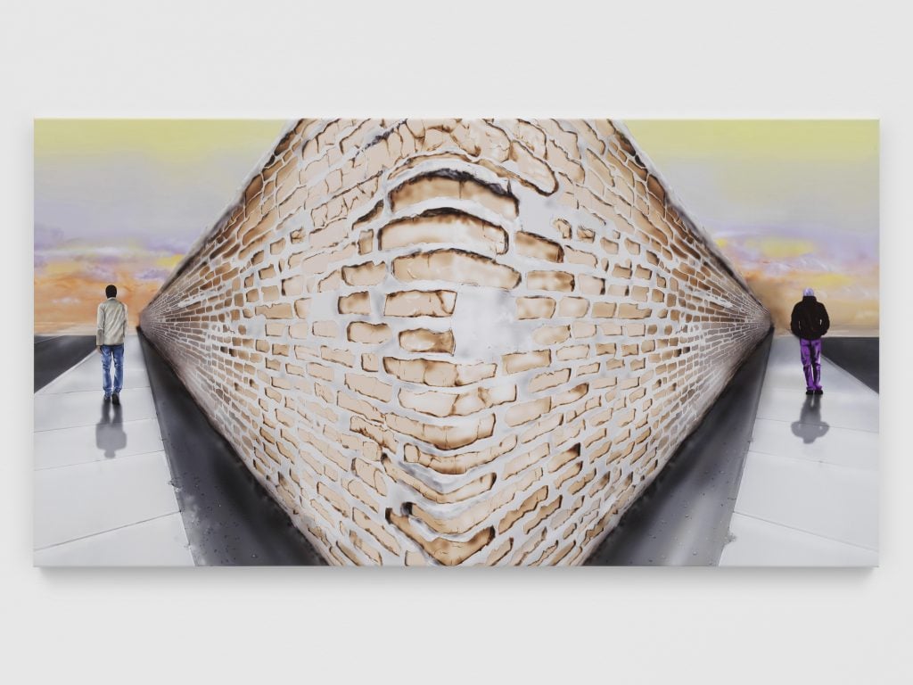 a painting of a brick wall in a mirrored shape