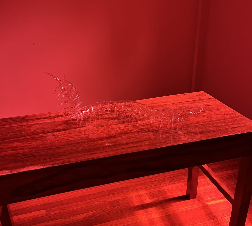 A color photo is an intense red. A room is almost empty, save for a wooden table and a glass sculpture resembling a centipede.