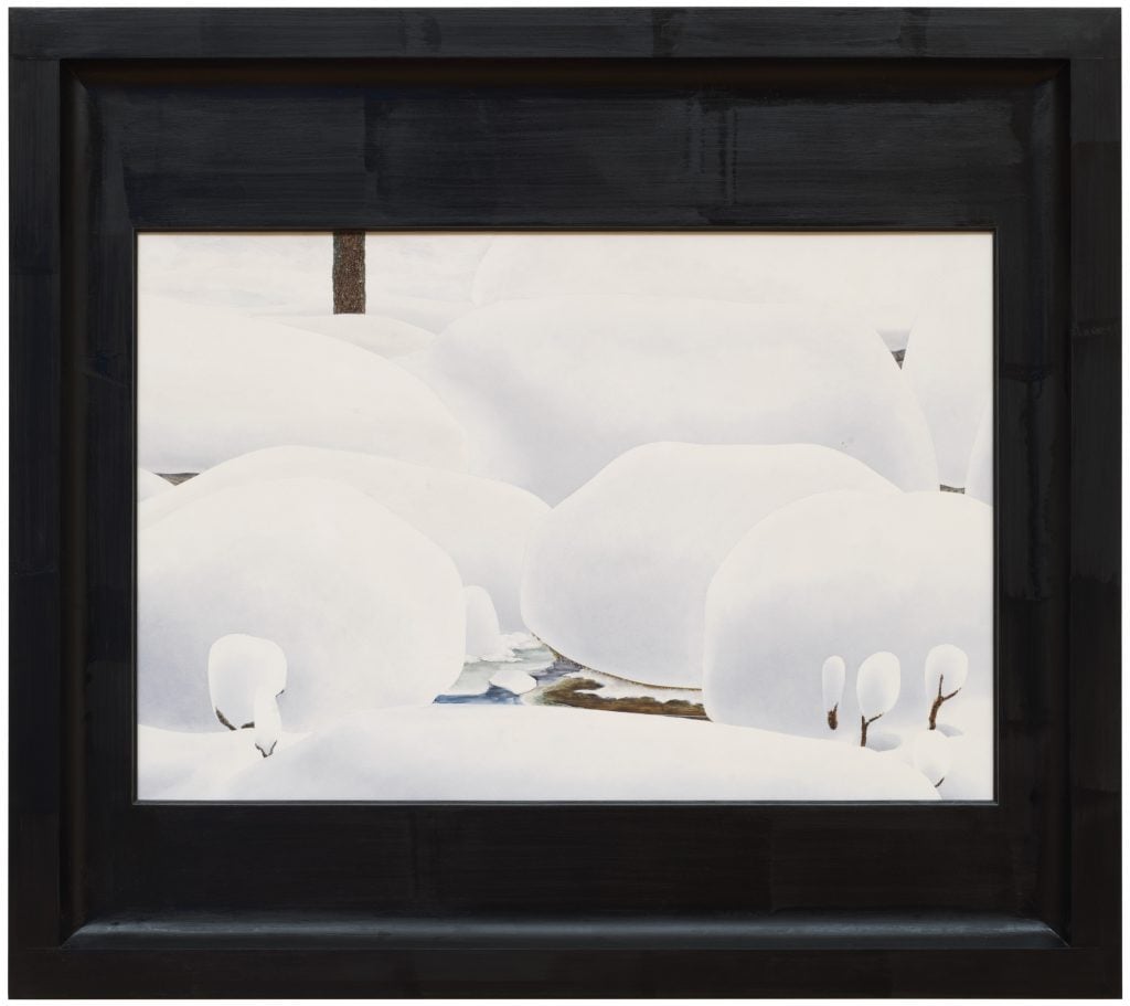 A color photo shows a painting of mounds of white.