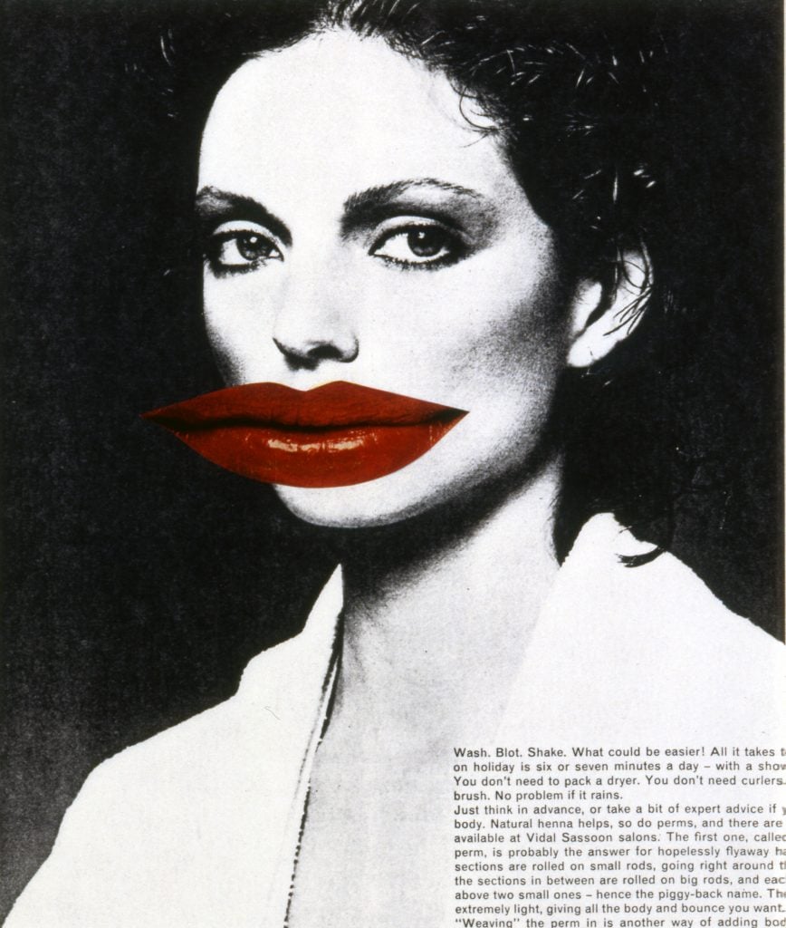 an artwork depicts a magazine beauty image of a woman with gigantic lips superimposed over the mouth 