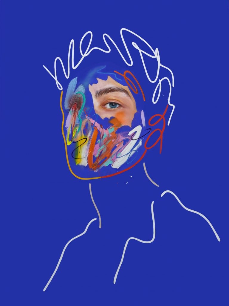 a human bust sketched out by a white line on a bright blue ground, their eye and the area around their eye are detailed in a hyperrealistic style but the rest of their face is filled in which squiggles of color