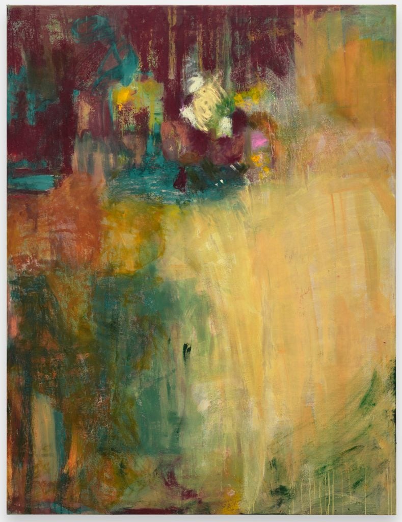 an abstract painting with tones of yellow, blue, green and maroon