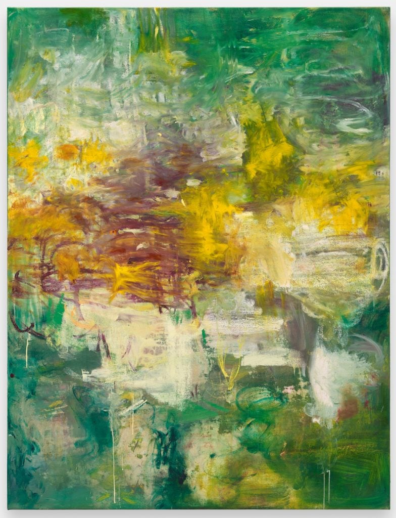 an abstract painting with tones of green, yellow, maroon and white