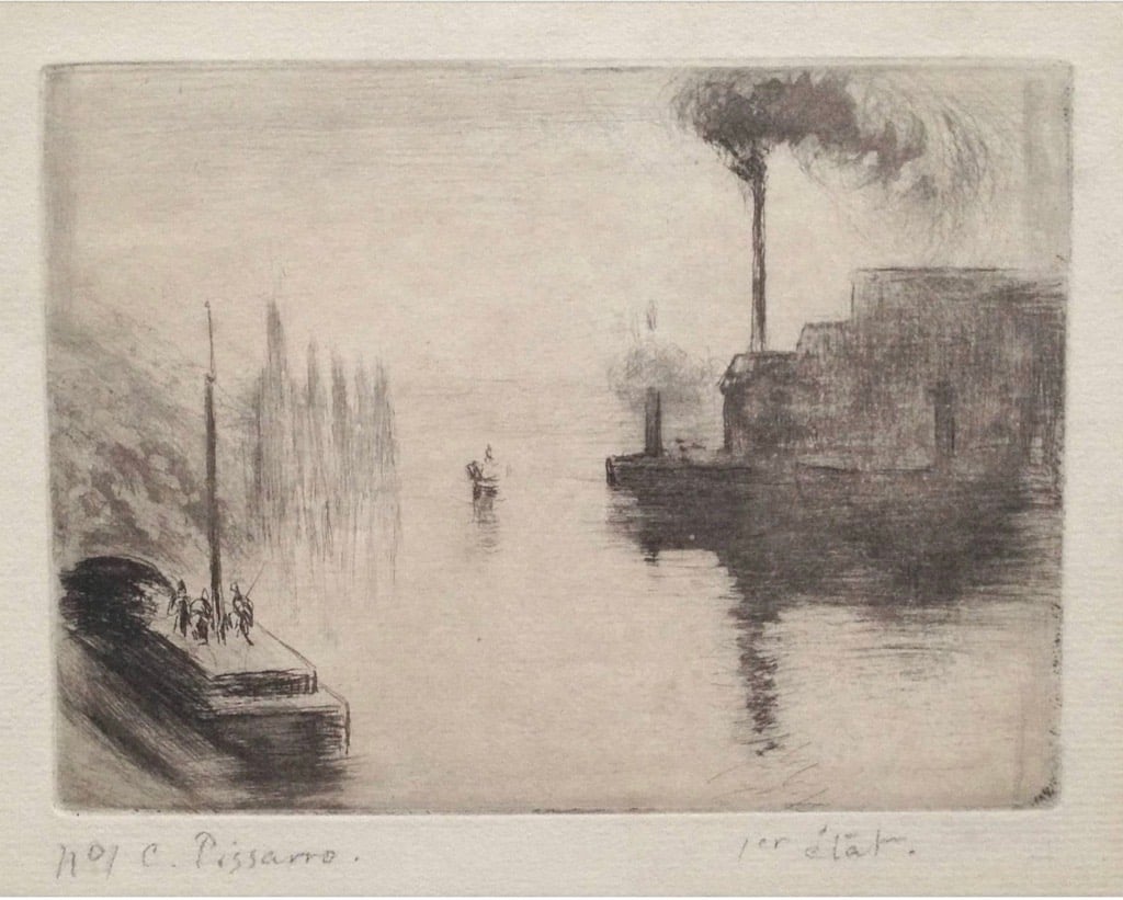 a black and white print of a hazy river with a smoke stack and barges