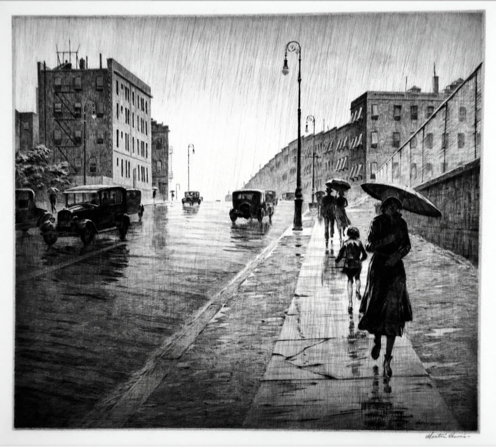 a black and white print of a rainy street with people carrying umbrellas
