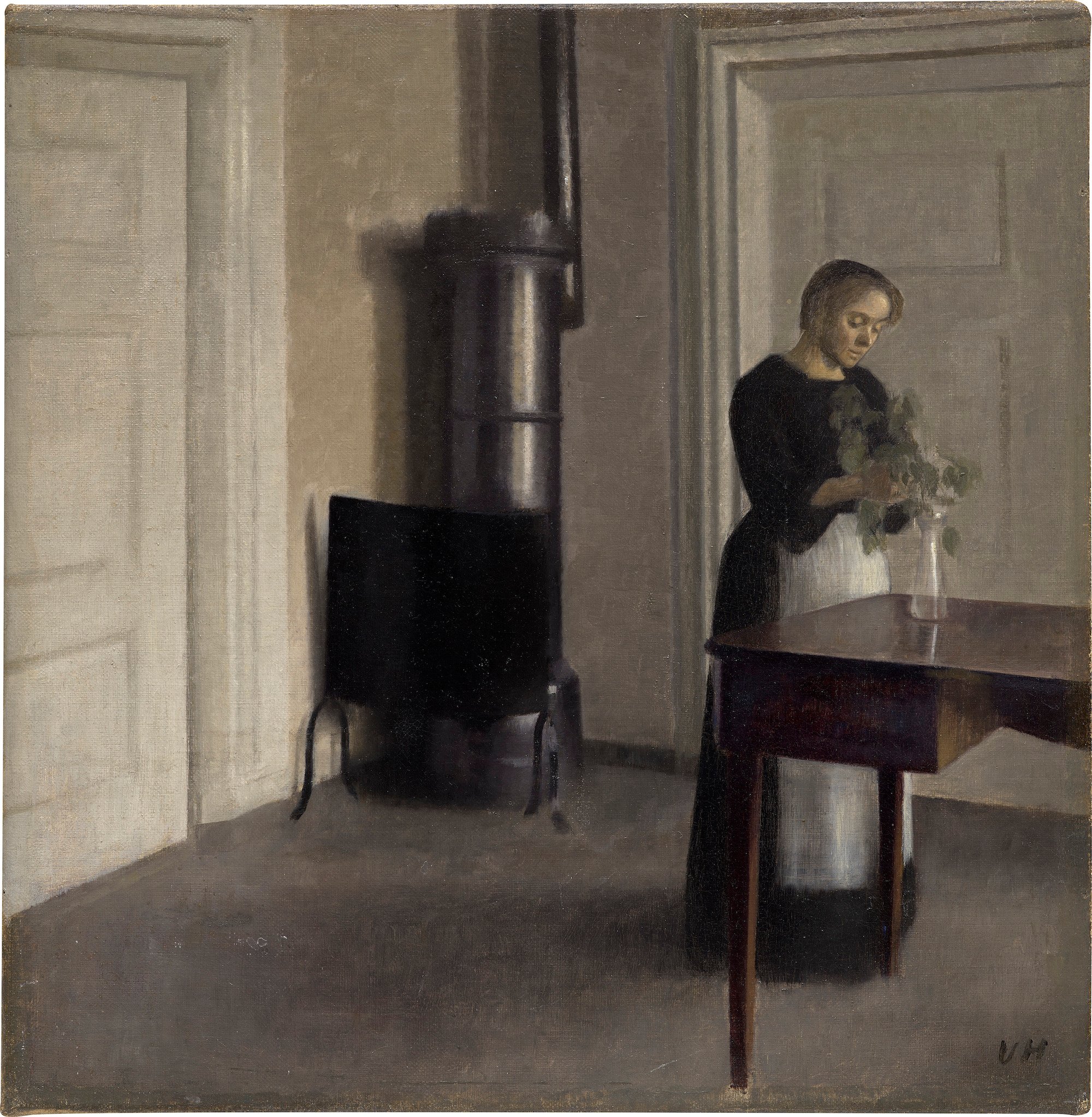 an image of a painting showing a woman placing branches in a vase on a table