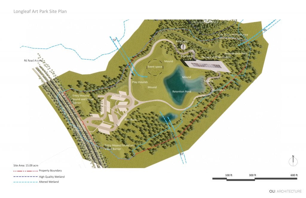 A site plan rendering of Longleaf Art Park, covering 15.09 acres. The plan includes an event space, play mounds, a retention pond, and several mounds throughout the park. Key features are marked, such as entry mounds that serve as sound and visual barriers, parking areas, bike racks, a restroom, a boardwalk, and a "Passage of Time" pavilion. The property boundary, high-quality wetlands, and altered wetlands are indicated with dashed lines. The plan also highlights access points and maintenance paths. The layout is designed to integrate natural elements and provide functional spaces for visitors.