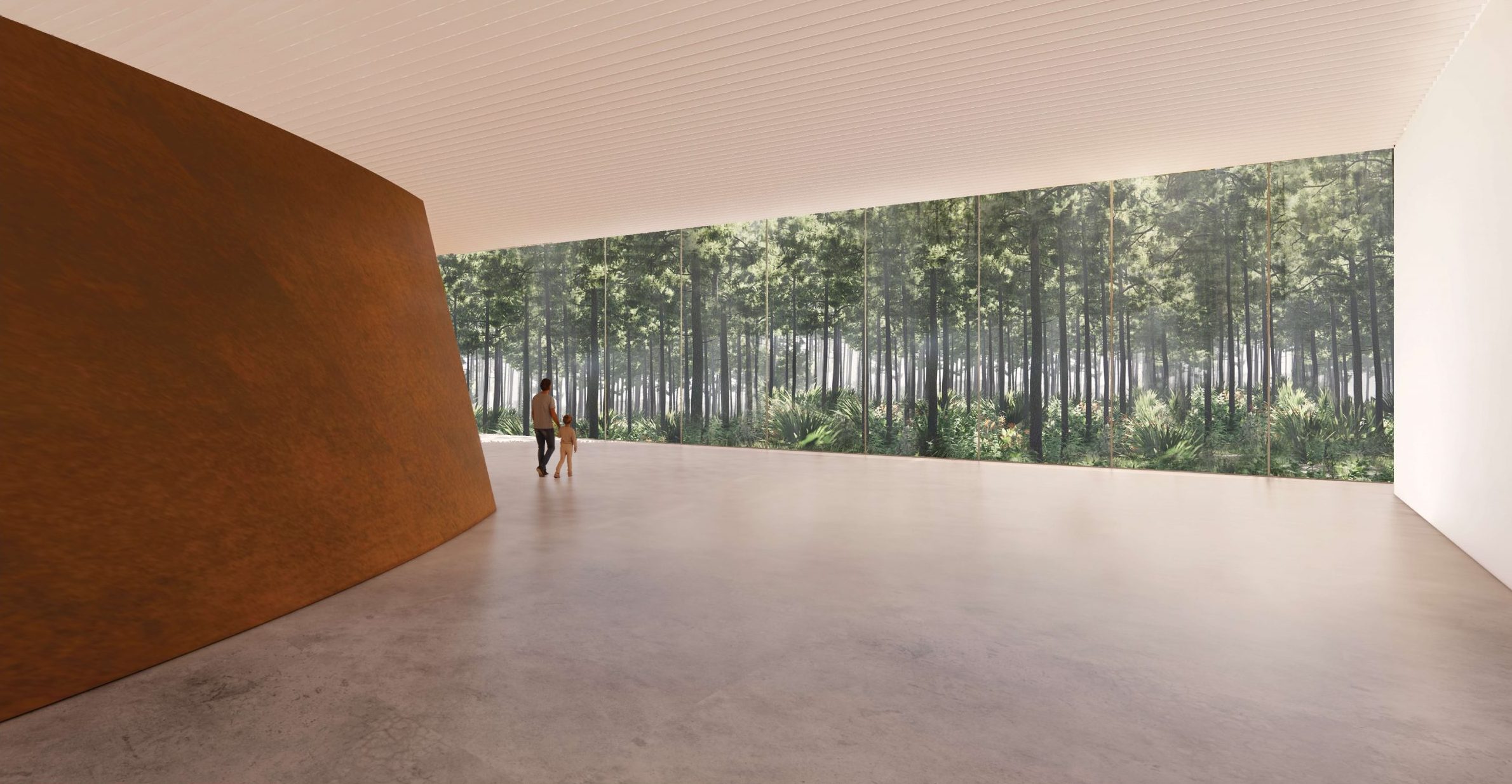 A rendering of the interior of the "Passage of Time Pavilion" at Longleaf Art Park, showing a large open space with a curved rust-colored wall on the left and a panoramic view of a dense forest through floor-to-ceiling windows on the right. Two people are walking towards the windows, highlighting the pavilion's integration with the surrounding natural environment and the expansive, serene atmosphere within the structure.