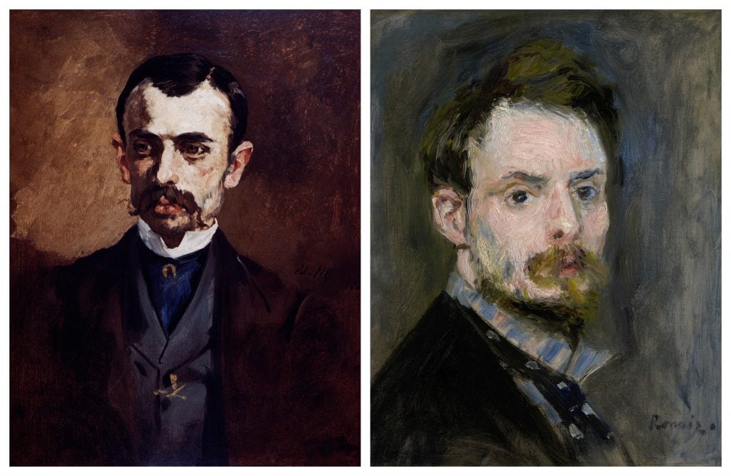 two oil painting portraits of rodent looking men, done in a loose paintly style