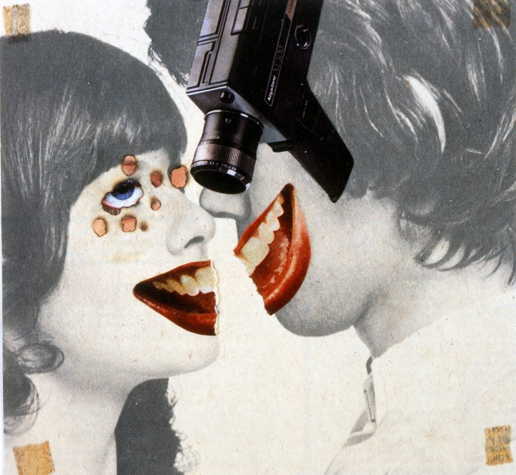 a photomontage deictics two people kissing a video camera hovers over them and enormous grins are superimposed on their faces 