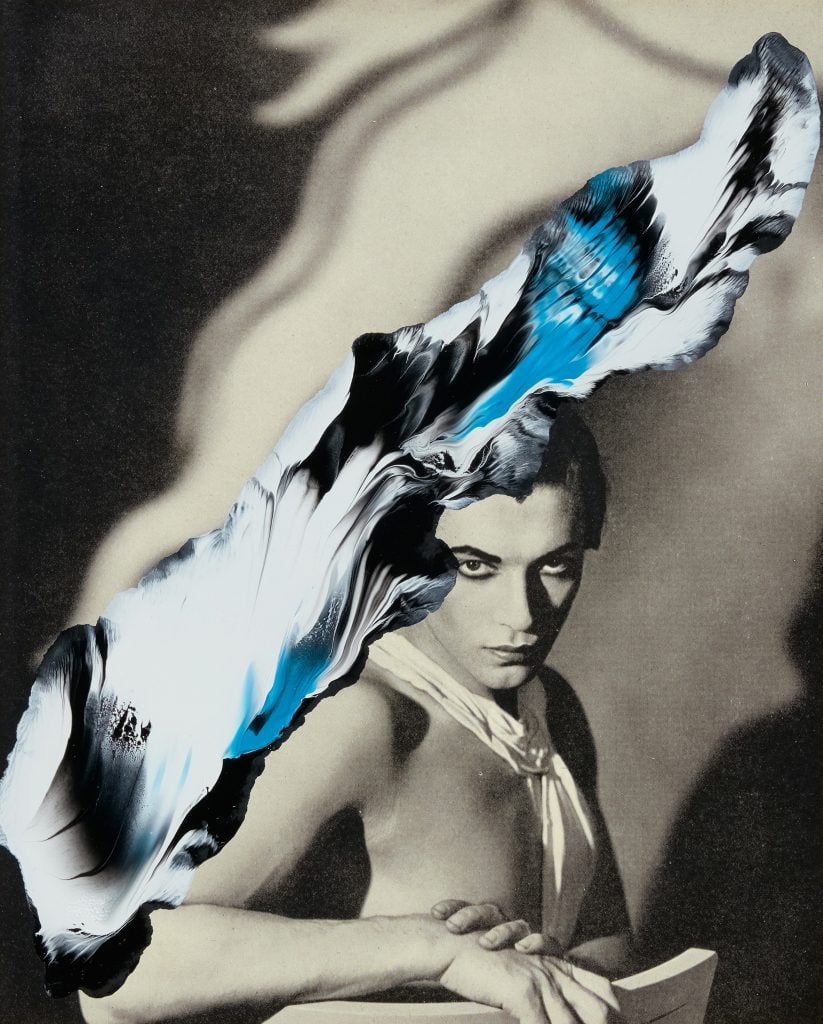 a black and white artistic image of a dancer has a blue accent swoosh applied 