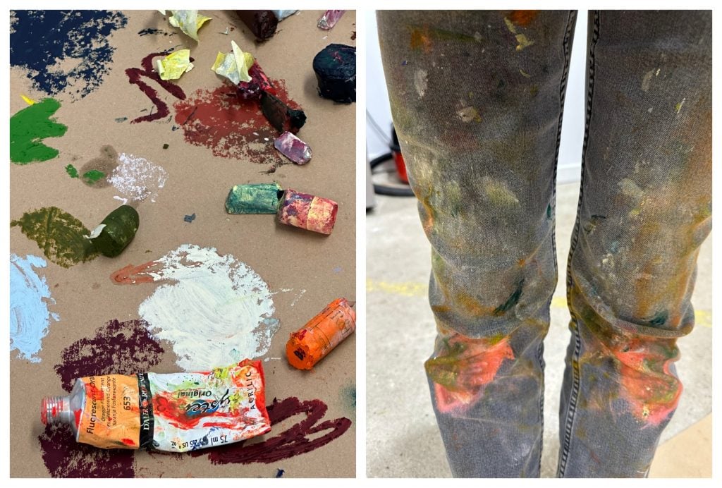 on the left is a photo of paint tubes and squirts of paint on board and on the right is a photo of jeans being worn by someone that are smeared in paint