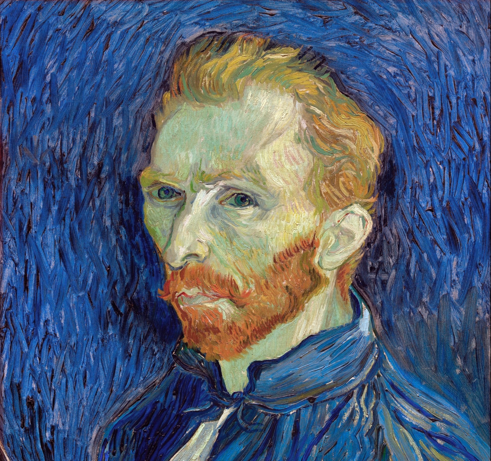 a portrait of a man with red hair and beard against a blue background